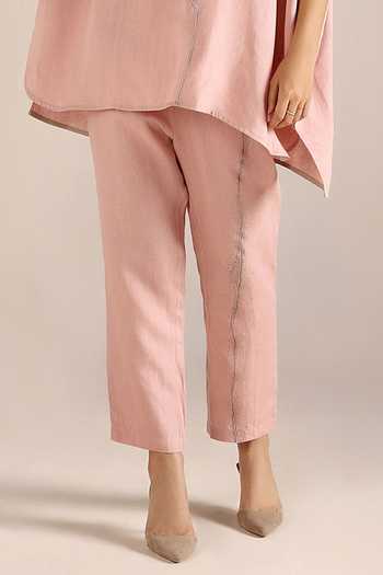 Kaveri Pink Linen Embroidery, Foil Printing V-neck Body Top And Pant Set Online at Aza Fashions Kaveri_Pink Linen Embroidery, Foil Printing V-neck Body Top And Pant Set _Online_at_Aza_Fashions