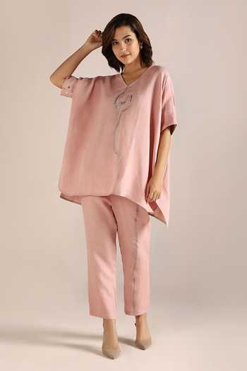 Buy Kaveri Pink Linen Embroidery, Foil Printing V-neck Body Top And Pant Set Online at Aza Fashions Buy_Kaveri_Pink Linen Embroidery, Foil Printing V-neck Body Top And Pant Set _Online_at_Aza_Fashions