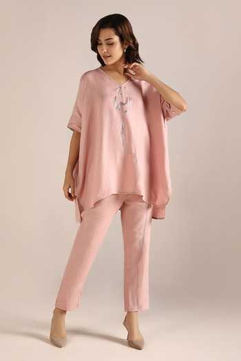 Shop Kaveri Pink Linen Embroidery, Foil Printing V-neck Body Top And Pant Set Online at Aza Fashions Shop_Kaveri_Pink Linen Embroidery, Foil Printing V-neck Body Top And Pant Set _Online_at_Aza_Fashions
