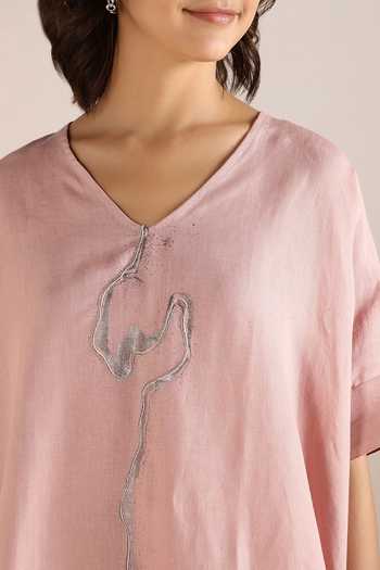 Kaveri Pink Linen Embroidery, Foil Printing V-neck Body Top And Pant Set at Aza Fashions Kaveri_Pink Linen Embroidery, Foil Printing V-neck Body Top And Pant Set _at_Aza_Fashions