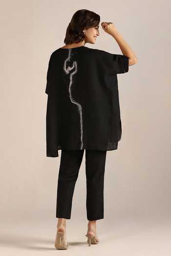 Shop Kaveri Black Linen Embroidery, Foil Printing V-neck Body Top And Pant at Aza Fashions Shop_Kaveri_Black Linen Embroidery, Foil Printing V-neck Body Top And Pant _at_Aza_Fashions