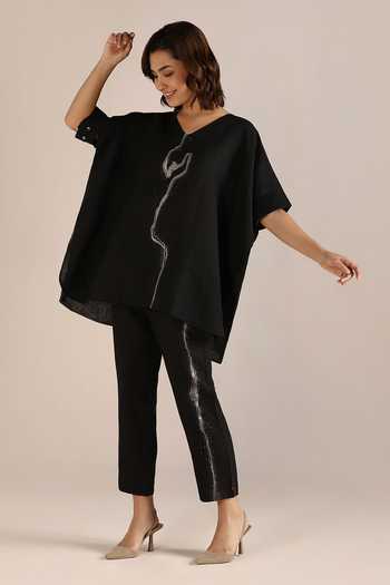 Kaveri Black Linen Embroidery, Foil Printing V-neck Body Top And Pant Online at Aza Fashions Kaveri_Black Linen Embroidery, Foil Printing V-neck Body Top And Pant _Online_at_Aza_Fashions