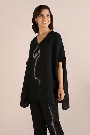 Buy Kaveri Black Linen Embroidery, Foil Printing V-neck Body Top And Pant Online at Aza Fashions Buy_Kaveri_Black Linen Embroidery, Foil Printing V-neck Body Top And Pant _Online_at_Aza_Fashions
