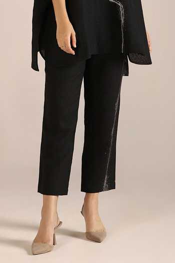 Shop Kaveri Black Linen Embroidery, Foil Printing V-neck Body Top And Pant Online at Aza Fashions Shop_Kaveri_Black Linen Embroidery, Foil Printing V-neck Body Top And Pant _Online_at_Aza_Fashions