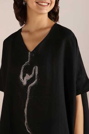 Kaveri Black Linen Embroidery, Foil Printing V-neck Body Top And Pant at Aza Fashions Kaveri_Black Linen Embroidery, Foil Printing V-neck Body Top And Pant _at_Aza_Fashions