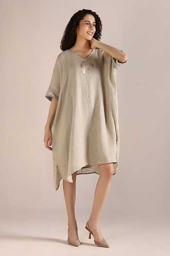 Kaveri_Beige Linen Embroidery V-neck Body Placement Print Dress _Online_at_Aza_Fashions