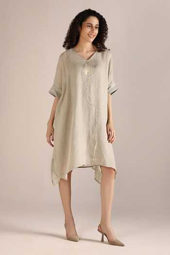 Buy_Kaveri_Beige Linen Embroidery V-neck Body Placement Print Dress _Online_at_Aza_Fashions