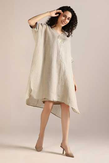 Shop_Kaveri_Beige Linen Embroidery V-neck Body Placement Print Dress _Online_at_Aza_Fashions