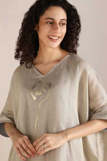 Kaveri_Beige Linen Embroidery V-neck Body Placement Print Dress _at_Aza_Fashions