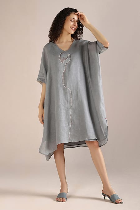 Buy_Kaveri_Blue Linen Embroidery V-neck Body Print Asymmetric Dress _Online_at_Aza_Fashions