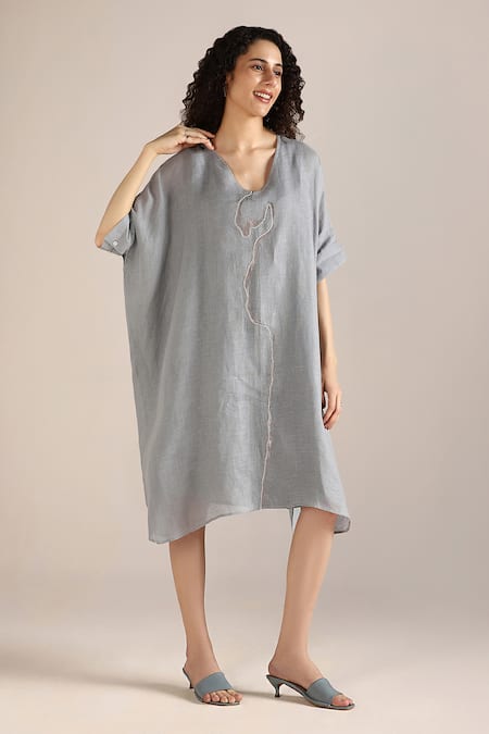 Shop_Kaveri_Blue Linen Embroidery V-neck Body Print Asymmetric Dress _Online_at_Aza_Fashions