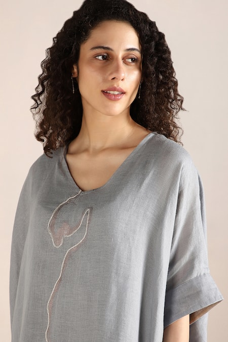 Kaveri_Blue Linen Embroidery V-neck Body Print Asymmetric Dress _at_Aza_Fashions