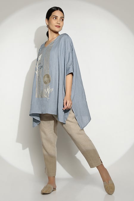Kaveri_Blue Linen, Silk Organza Embroidery V-neck Leaves Embellished Kaftan Top _Online_at_Aza_Fashions
