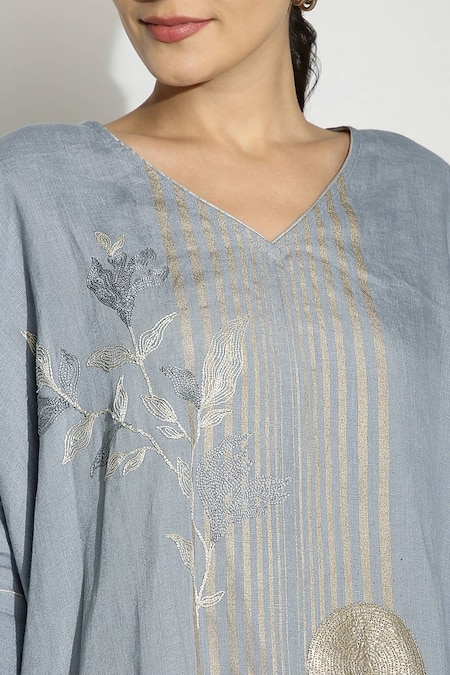 Buy_Kaveri_Blue Linen, Silk Organza Embroidery V-neck Leaves Embellished Kaftan Top _Online_at_Aza_Fashions