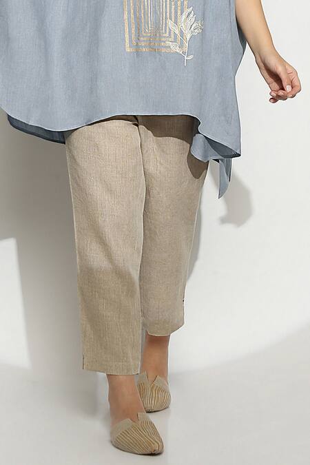 Kaveri_Blue Linen, Silk Organza Embroidery Square Leaves Embellished Top And Pant Set _Online_at_Aza_Fashions