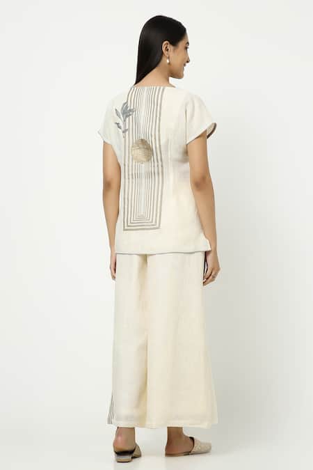 Shop_Kaveri_Off White Linen Embroidery, Zari Round Neck Leaf Embellished Top And Pant Set _at_Aza_Fashions