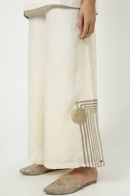 Kaveri_Off White Linen Embroidery, Zari Round Neck Leaf Embellished Top And Pant Set _at_Aza_Fashions