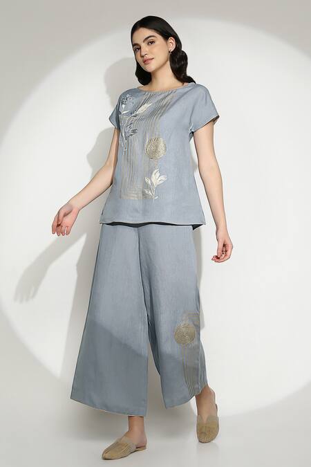 Kaveri_Blue Linen Zari Round Neck Stripe Print Top _Online_at_Aza_Fashions