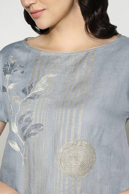 Buy_Kaveri_Blue Linen Zari Round Neck Stripe Print Top _Online_at_Aza_Fashions