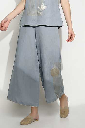 Kaveri Blue Linen Zari Round Neck Stripe Print Top And Pant Set Online at Aza Fashions Kaveri_Blue Linen Zari Round Neck Stripe Print Top And Pant Set _Online_at_Aza_Fashions