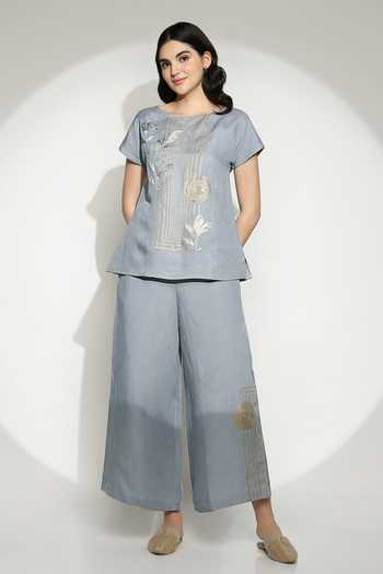 Shop Kaveri Blue Linen Zari Round Neck Stripe Print Top And Pant Set Online at Aza Fashions Shop_Kaveri_Blue Linen Zari Round Neck Stripe Print Top And Pant Set _Online_at_Aza_Fashions