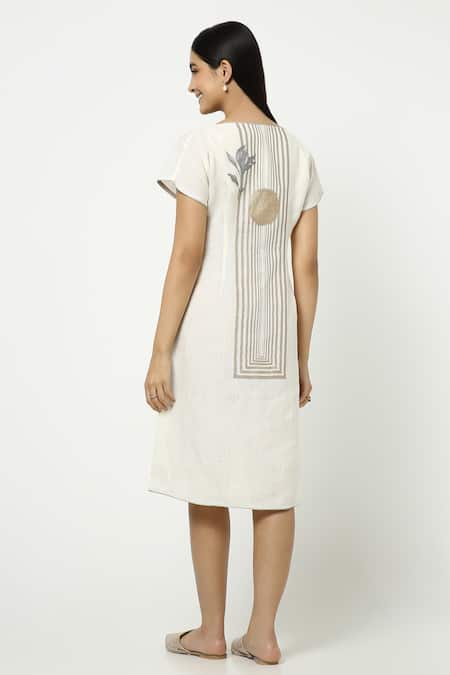 Shop_Kaveri_Off White Linen Zari Round Neck Leaf Embellished Dress _at_Aza_Fashions