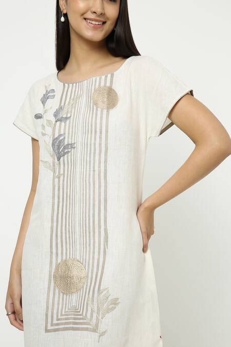 Kaveri_Off White Linen Zari Round Neck Leaf Embellished Dress _Online_at_Aza_Fashions