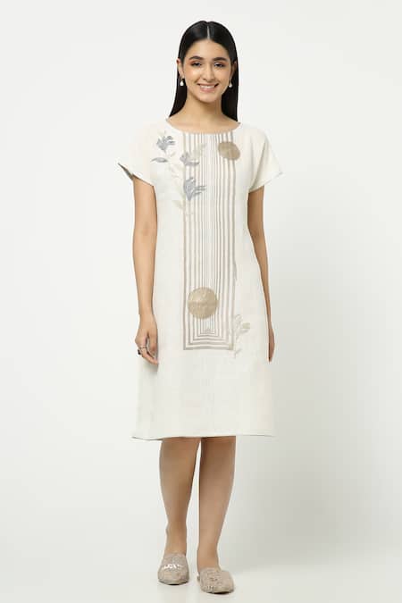 Buy_Kaveri_Off White Linen Zari Round Neck Leaf Embellished Dress _Online_at_Aza_Fashions