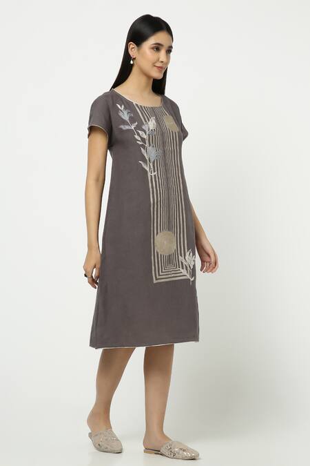 Kaveri_Grey Linen Zari Round Neck Leaf Pattern Dress _Online_at_Aza_Fashions