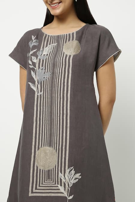 Buy_Kaveri_Grey Linen Zari Round Neck Leaf Pattern Dress _Online_at_Aza_Fashions