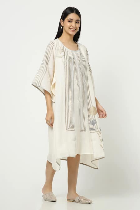 Kaveri_Off White Linen Zari Round , Open Maze Stripe Print Dress With Jacket _Online_at_Aza_Fashions