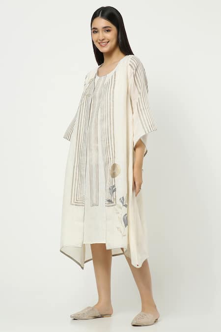 Buy_Kaveri_Off White Linen Zari Round , Open Maze Stripe Print Dress With Jacket _Online_at_Aza_Fashions