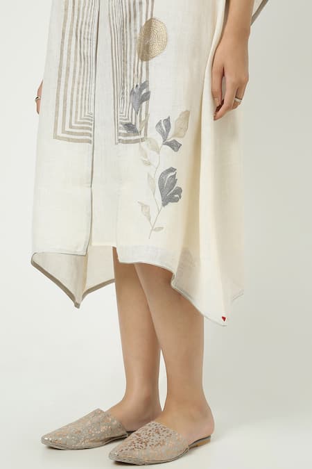 Shop_Kaveri_Off White Linen Zari Round , Open Maze Stripe Print Dress With Jacket _Online_at_Aza_Fashions