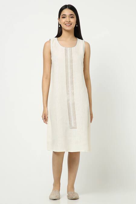 Kaveri_Off White Linen Zari Round , Open Maze Stripe Print Dress With Jacket _at_Aza_Fashions