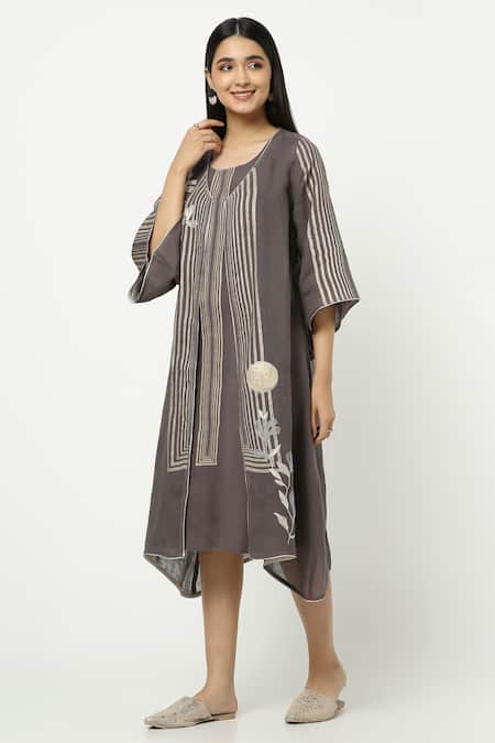 Kaveri_Grey Linen Embroidery, Zari Round , Open Maze Printed Dress With Jacket _Online_at_Aza_Fashions