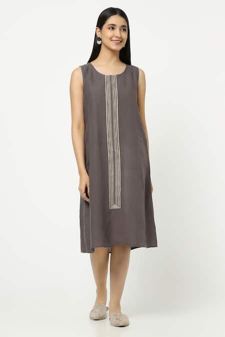 Buy_Kaveri_Grey Linen Embroidery, Zari Round , Open Maze Printed Dress With Jacket _Online_at_Aza_Fashions