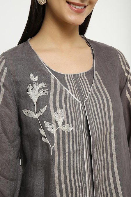 Shop_Kaveri_Grey Linen Embroidery, Zari Round , Open Maze Printed Dress With Jacket _Online_at_Aza_Fashions