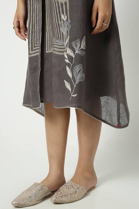 Kaveri_Grey Linen Embroidery, Zari Round , Open Maze Printed Dress With Jacket _at_Aza_Fashions