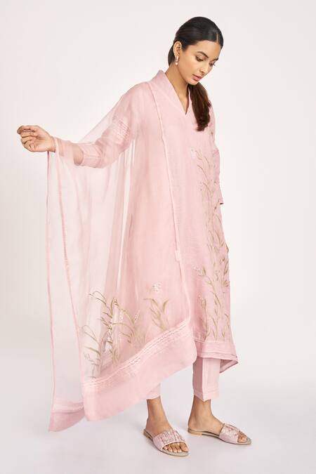Buy_Kaveri_Pink 100% Linen Embroidery Thread Applique V Dew Drop Fly Free Tunic  _Online_at_Aza_Fashions