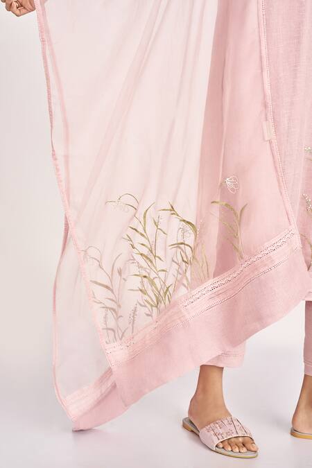 Shop_Kaveri_Pink 100% Linen Embroidery Thread Applique V Dew Drop Fly Free Tunic  _Online_at_Aza_Fashions