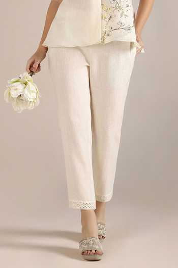 Kaveri Off White Linen Lace V-neck Camelia Printed Sleeveless Top And Pant Set Online at Aza Fashions Kaveri_Off White Linen Lace V-neck Camelia Printed Sleeveless Top And Pant Set_Online_at_Aza_Fashions
