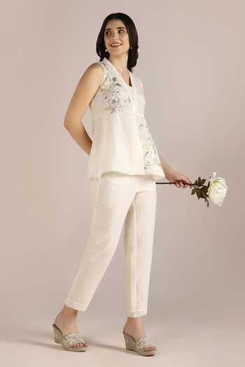 Buy Kaveri Off White Linen Lace V-neck Camelia Printed Sleeveless Top And Pant Set Online at Aza Fashions Buy_Kaveri_Off White Linen Lace V-neck Camelia Printed Sleeveless Top And Pant Set_Online_at_Aza_Fashions