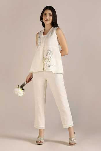 Shop Kaveri Off White Linen Lace V-neck Camelia Printed Sleeveless Top And Pant Set Online at Aza Fashions Shop_Kaveri_Off White Linen Lace V-neck Camelia Printed Sleeveless Top And Pant Set_Online_at_Aza_Fashions