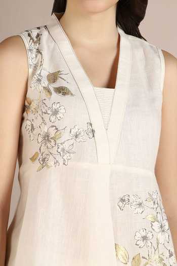Kaveri Off White Linen Lace V-neck Camelia Printed Sleeveless Top And Pant Set at Aza Fashions Kaveri_Off White Linen Lace V-neck Camelia Printed Sleeveless Top And Pant Set_at_Aza_Fashions