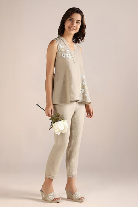 Kaveri_Beige Linen Embroidery V-neck Camelia Flower Print Top _Online_at_Aza_Fashions