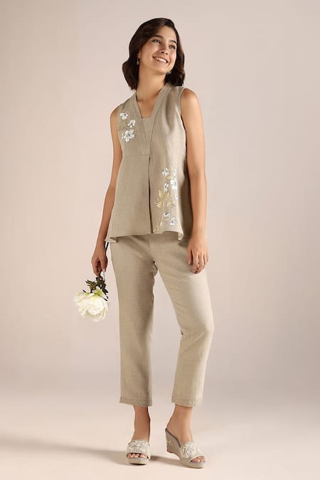 Buy_Kaveri_Beige Linen Embroidery V-neck Camelia Flower Print Top _Online_at_Aza_Fashions