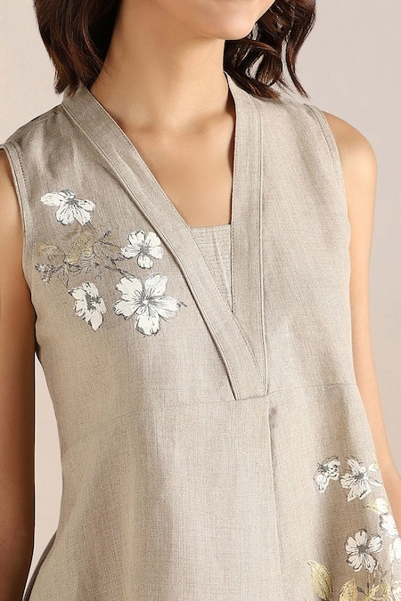 Shop_Kaveri_Beige Linen Embroidery V-neck Camelia Flower Print Top _Online_at_Aza_Fashions