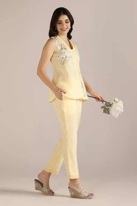 Kaveri_Yellow Linen Embroidery V-neck Camelia Floral Print Top _Online_at_Aza_Fashions
