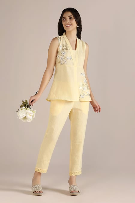 Buy_Kaveri_Yellow Linen Embroidery V-neck Camelia Floral Print Top _Online_at_Aza_Fashions
