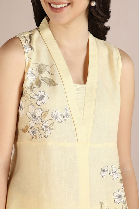 Shop_Kaveri_Yellow Linen Embroidery V-neck Camelia Floral Print Top _Online_at_Aza_Fashions